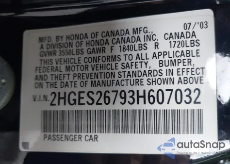 2003 Honda Civic Ex from USA, damaged, VIN 2HGES26793H607032